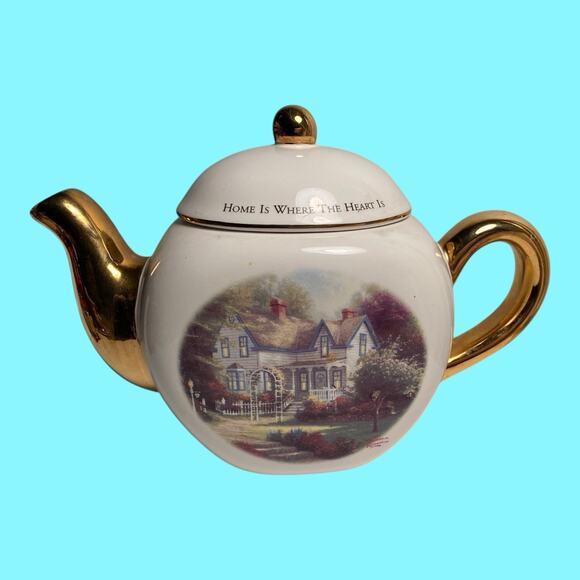 Thomas Kinkade Teapot Home Is Where The Heart Is Teleflora Tea Pot Gold Trim - Picture 1 of 7